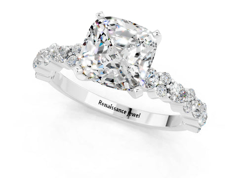 White gold Cushion Cut Moissanite Solitaire with Side Stones, Pave Band, Four-Prong Setting_37
