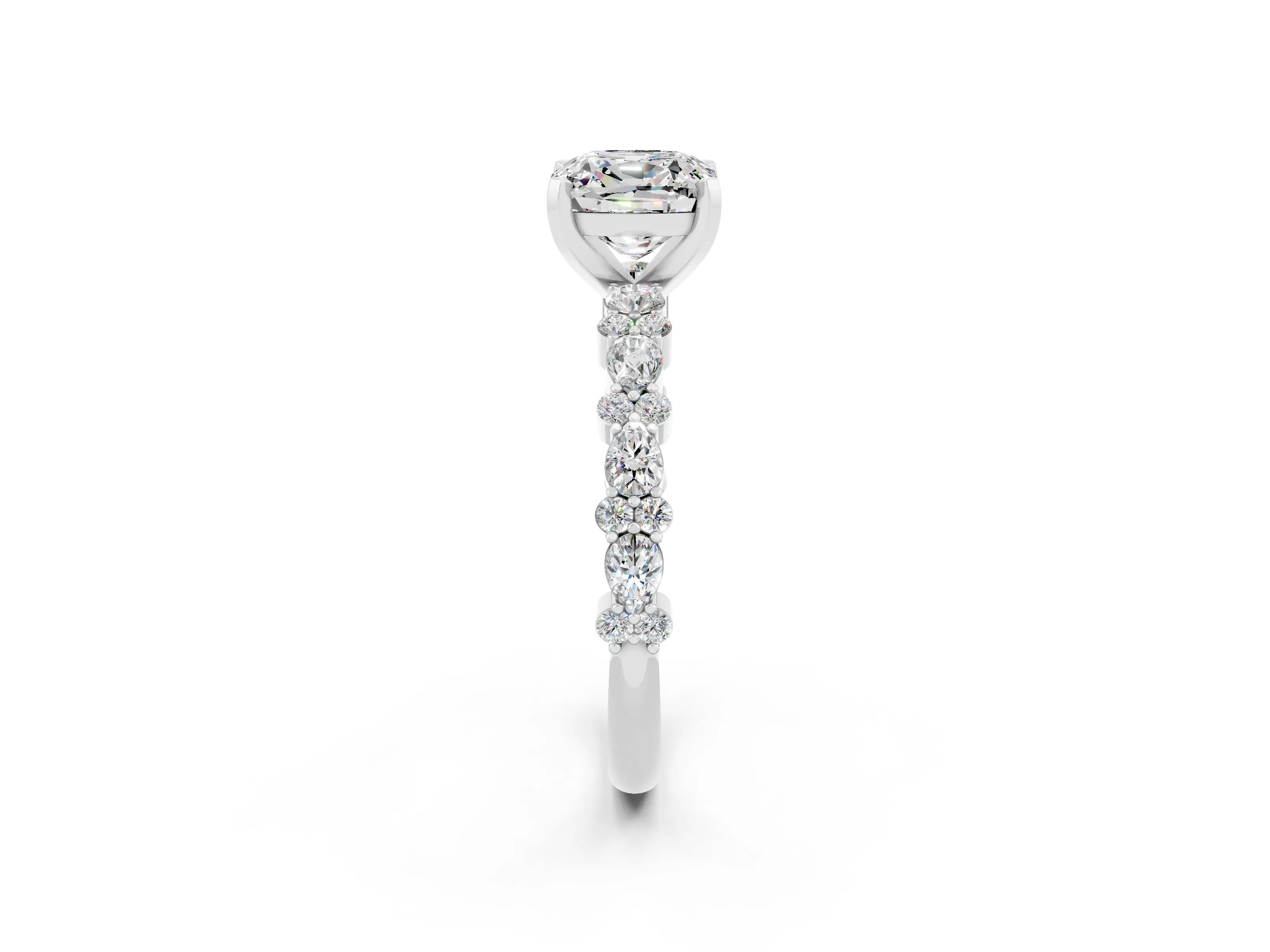 White gold Cushion Cut Moissanite Solitaire with Side Stones, Pave Band, Four-Prong Setting_38