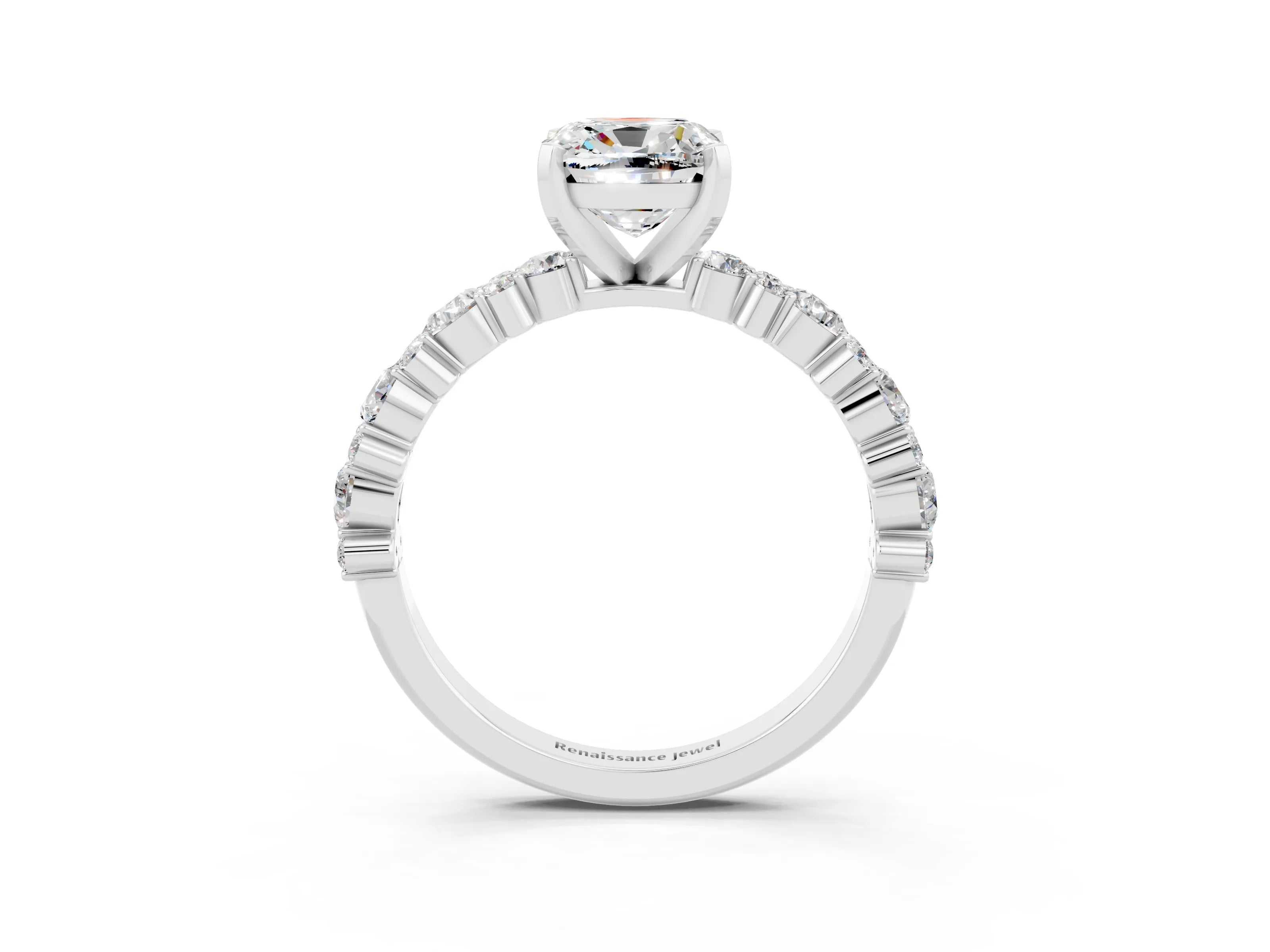 White gold Cushion Cut Moissanite Solitaire with Side Stones, Pave Band, Four-Prong Setting_39