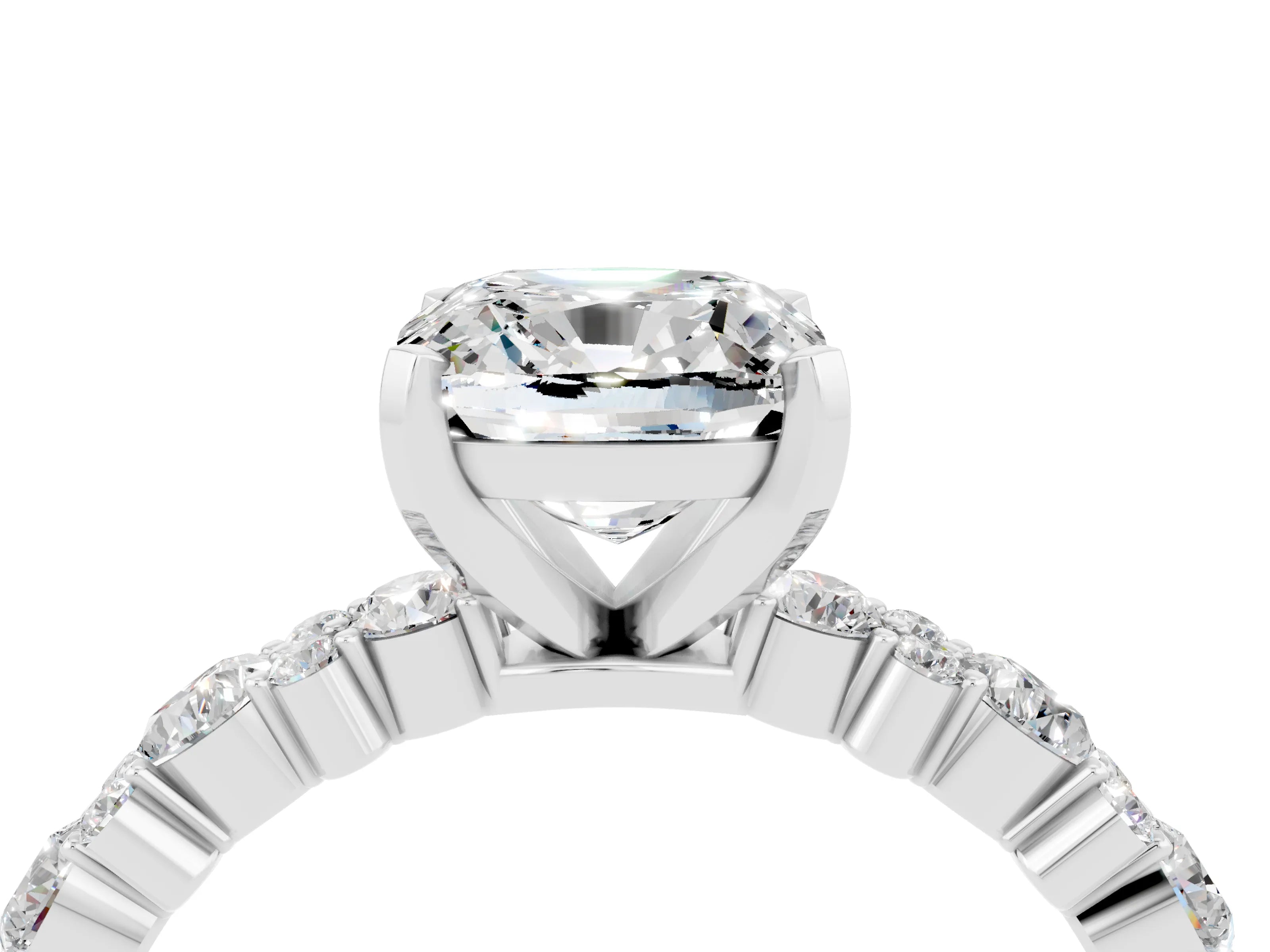 White gold Cushion Cut Moissanite Solitaire with Side Stones, Pave Band, Four-Prong Setting_40