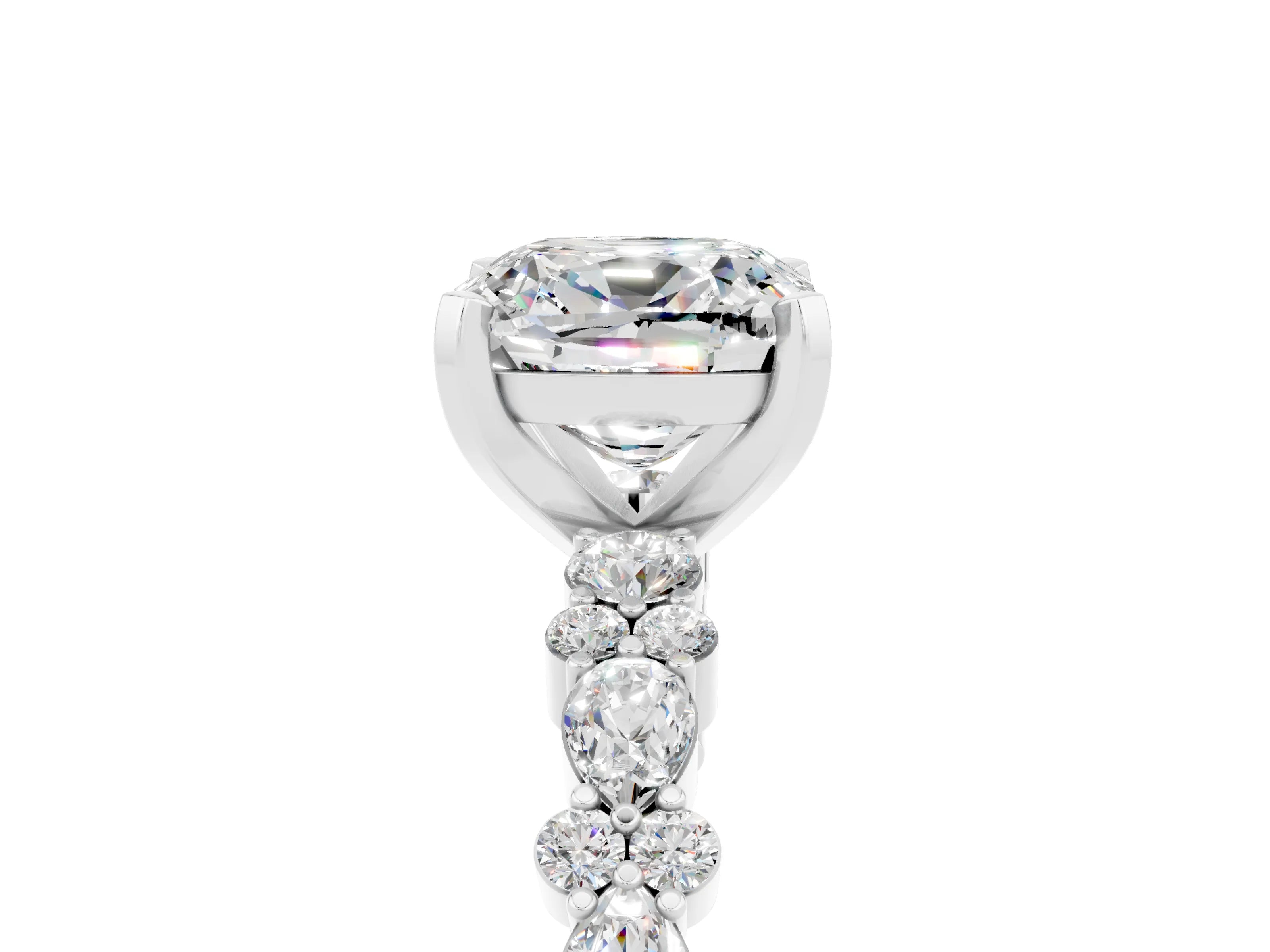 White gold Cushion Cut Moissanite Solitaire with Side Stones, Pave Band, Four-Prong Setting_41