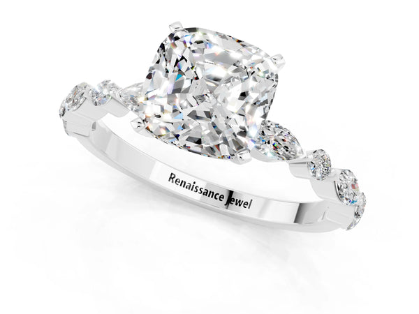 White gold Cushion Cut Moissanite Ring with Marquise and Round  Side Stones and Four-Prong Setting