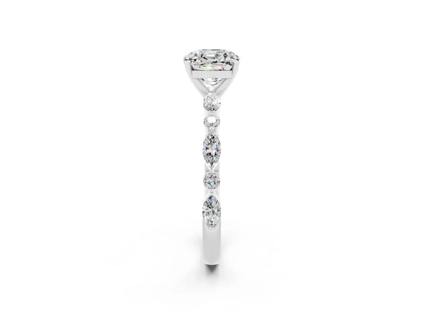 Silver Cushion Cut Moissanite Ring with Marquise and Round  Side Stones and Four-Prong Setting