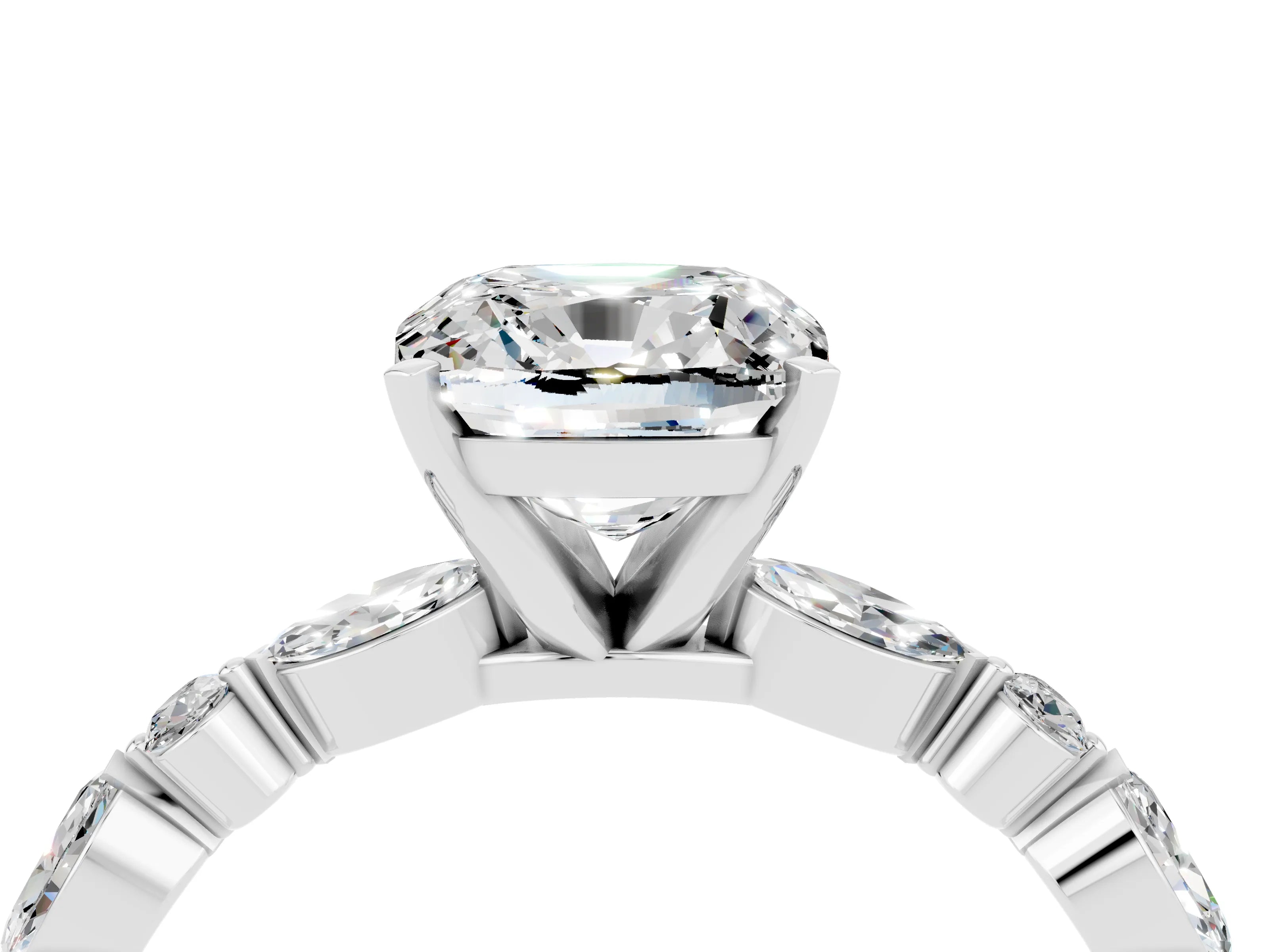 White gold Cushion Cut Moissanite Solitaire with Side Stones on a Pavé Band and Four-Prong Setting_4