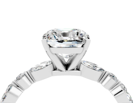 White gold Cushion Cut Moissanite Solitaire with Side Stones on a Pavé Band and Four-Prong Setting_4