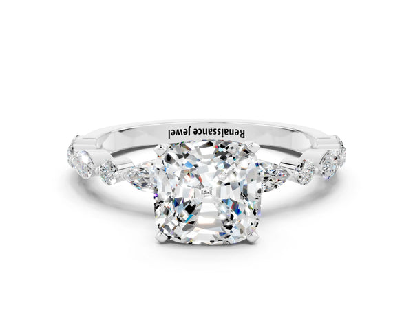 Silver Cushion Cut Moissanite Ring with Marquise and Round  Side Stones and Four-Prong Setting