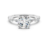 White gold Cushion Cut Moissanite Solitaire with Side Stones on a Pavé Band and Four-Prong Setting