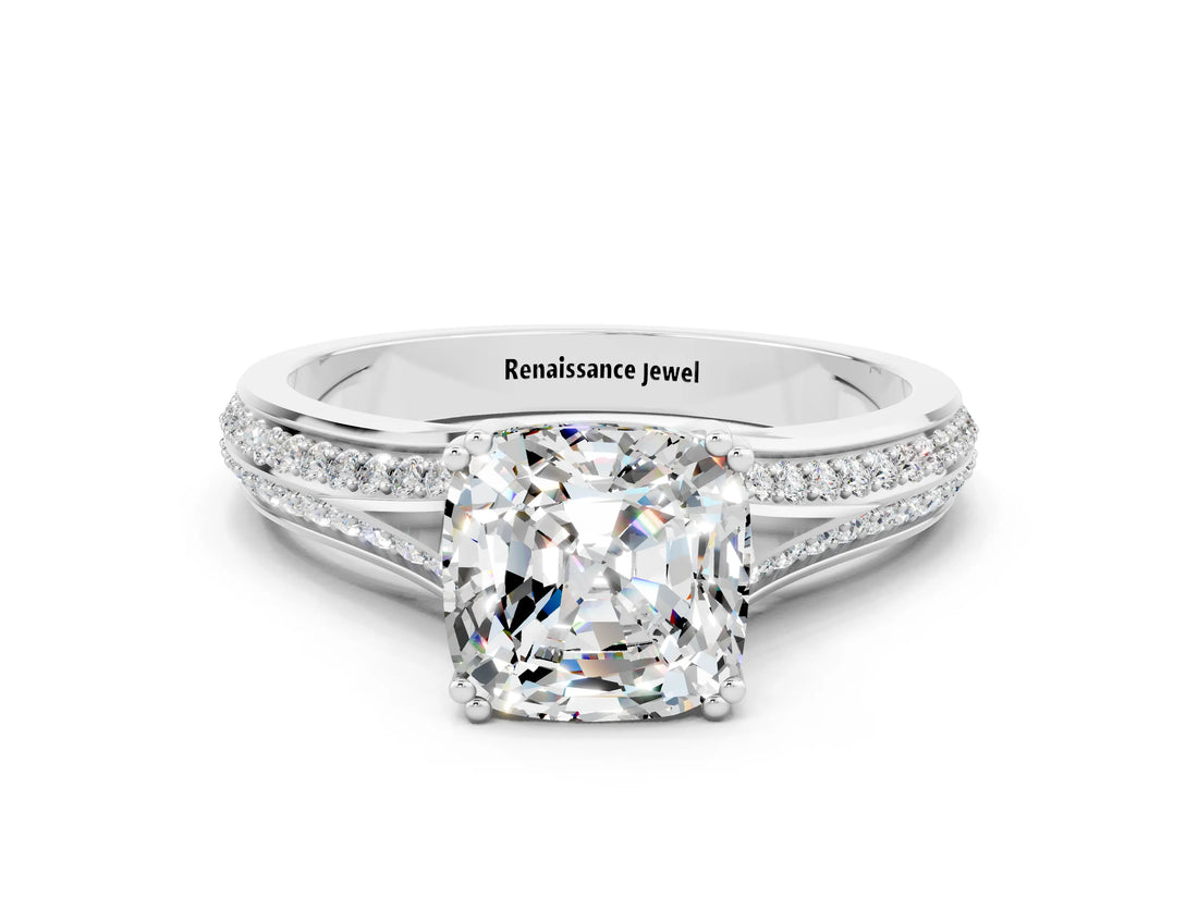 White gold Cushion Cut Moissanite Split Shank Engagement Ring with Pavé Band