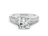 White gold Cushion Cut Moissanite Split Shank Engagement Ring with Pavé Band