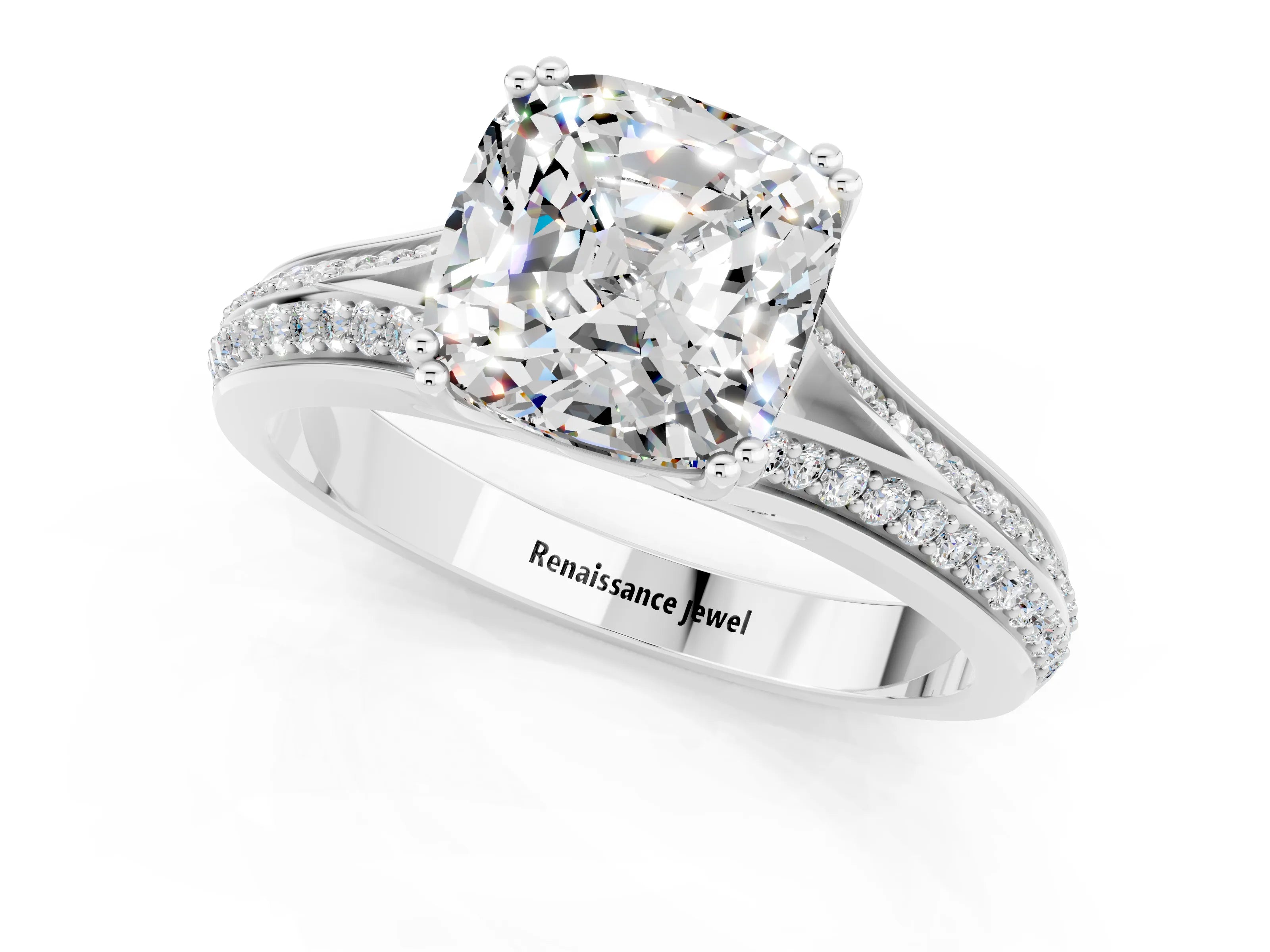 White gold Cushion Cut Moissanite Split Shank Engagement Ring with Pavé Band_1