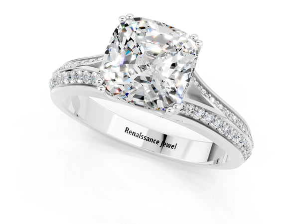 Silver Cushion Cut Moissanite Split Shank Engagement Ring with Pavé Band