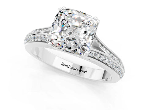 White gold Cushion Cut Moissanite Split Shank Engagement Ring with Pavé Band_1