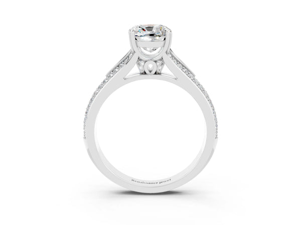 White gold Cushion Cut Moissanite Split Shank Engagement Ring with Pavé Band