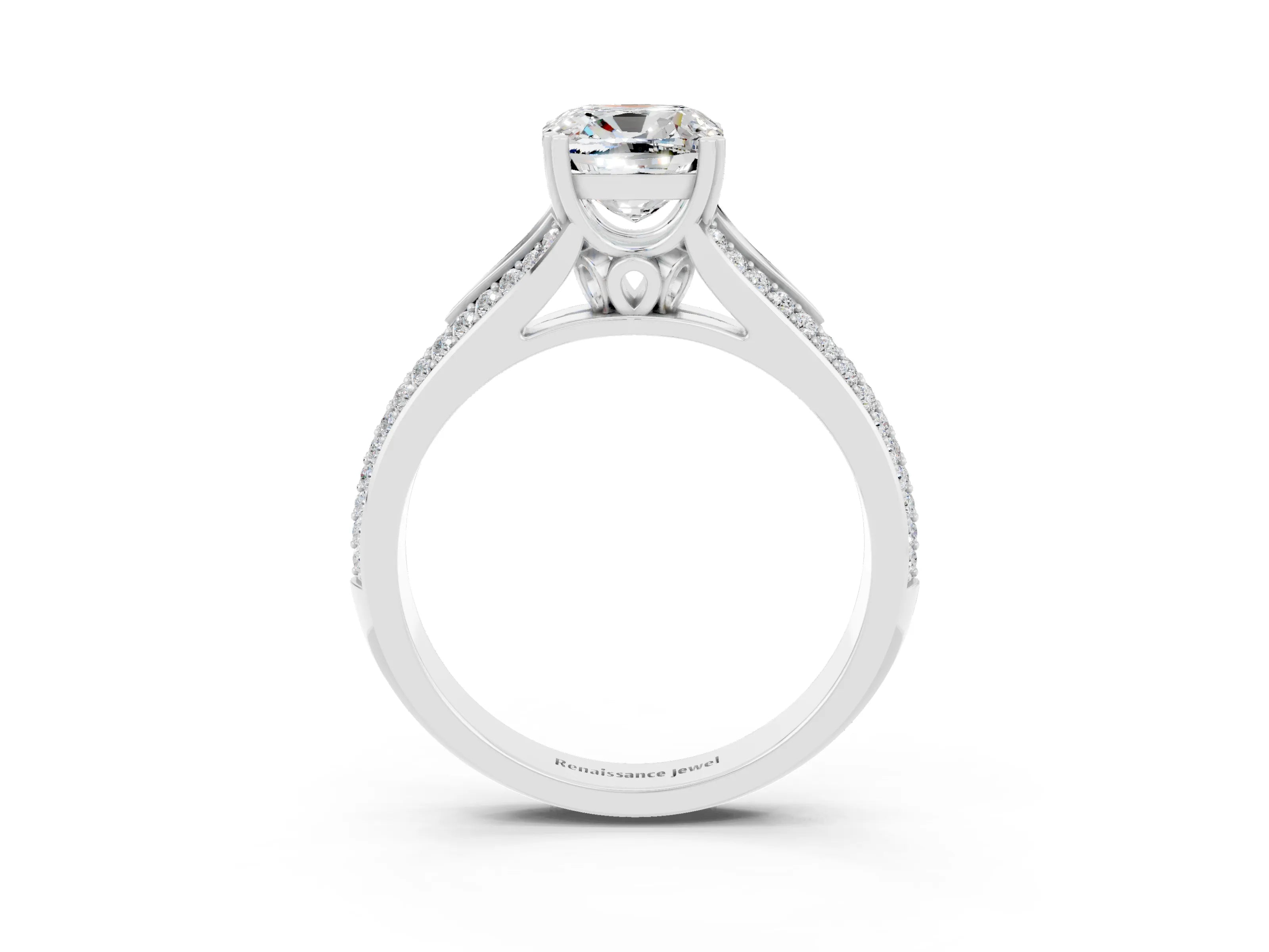 White gold Cushion Cut Moissanite Split Shank Engagement Ring with Pavé Band_3