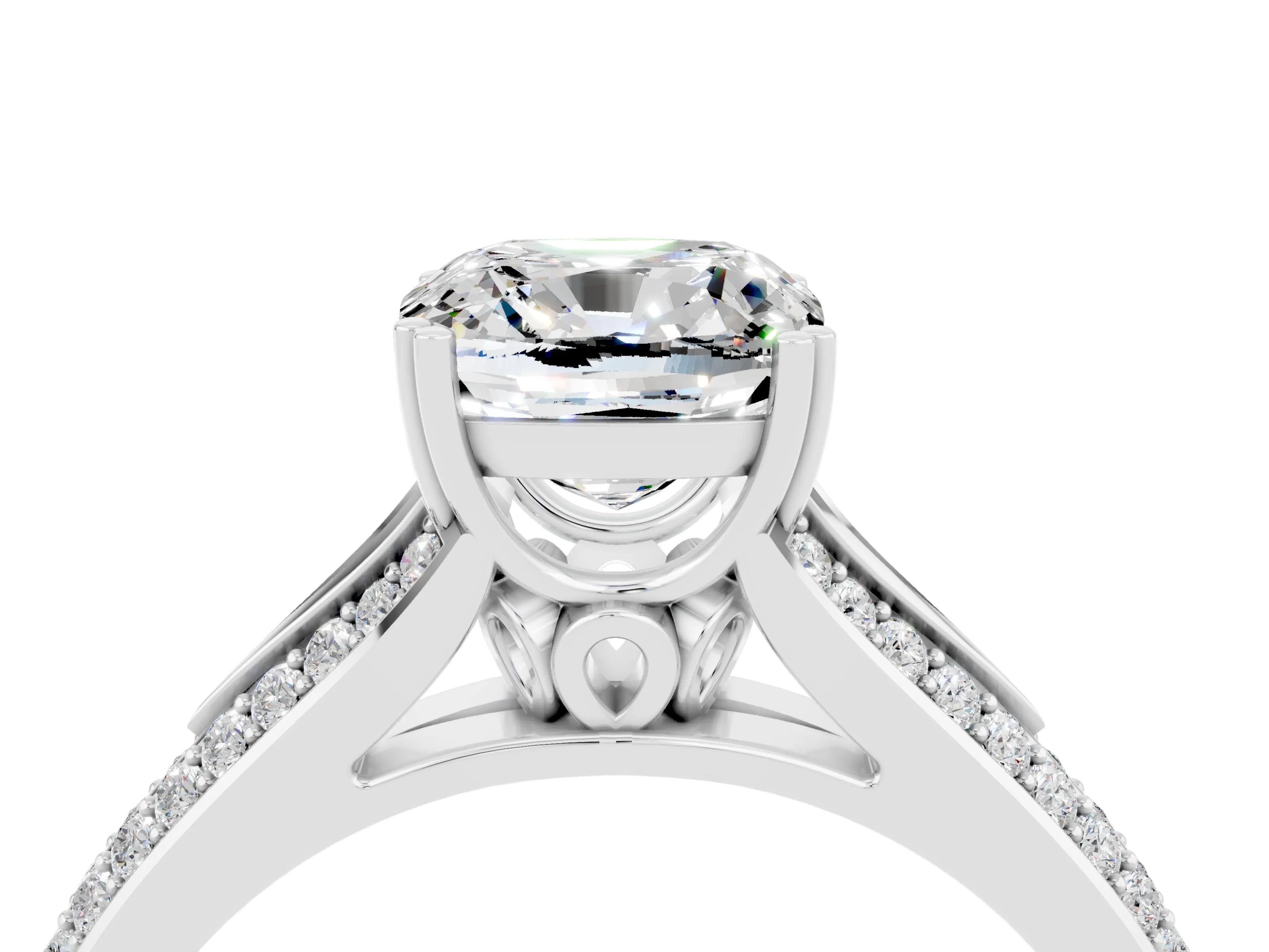 White gold Cushion Cut Moissanite Split Shank Engagement Ring with Pavé Band_4