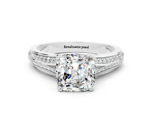 Silver Cushion Cut Moissanite Split Shank Engagement Ring with Pavé Band
