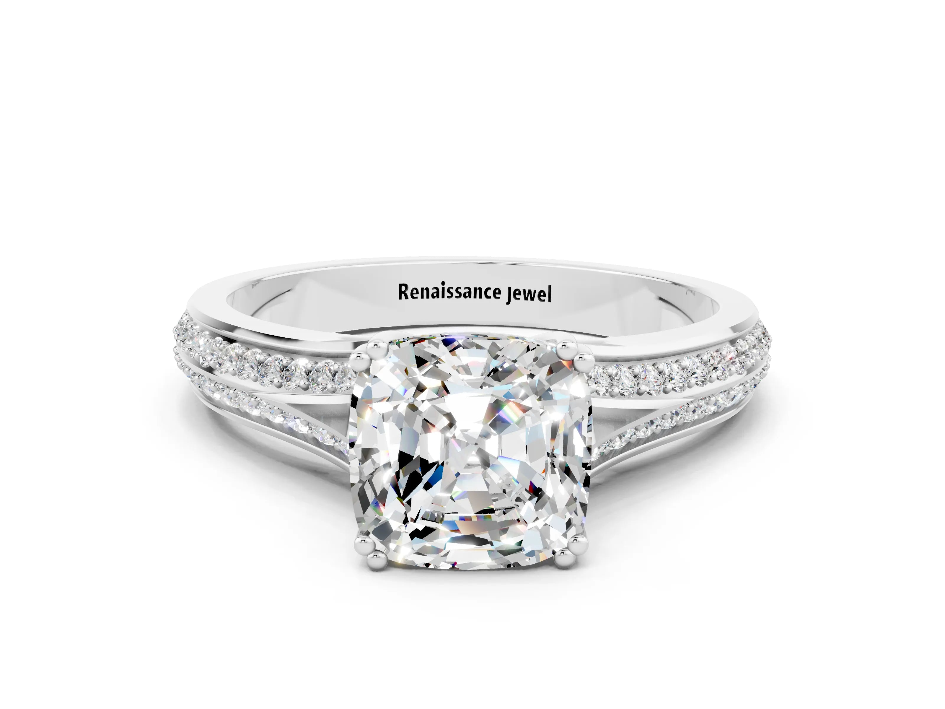 White gold Cushion Cut Moissanite Split Shank Engagement Ring with Pavé Band