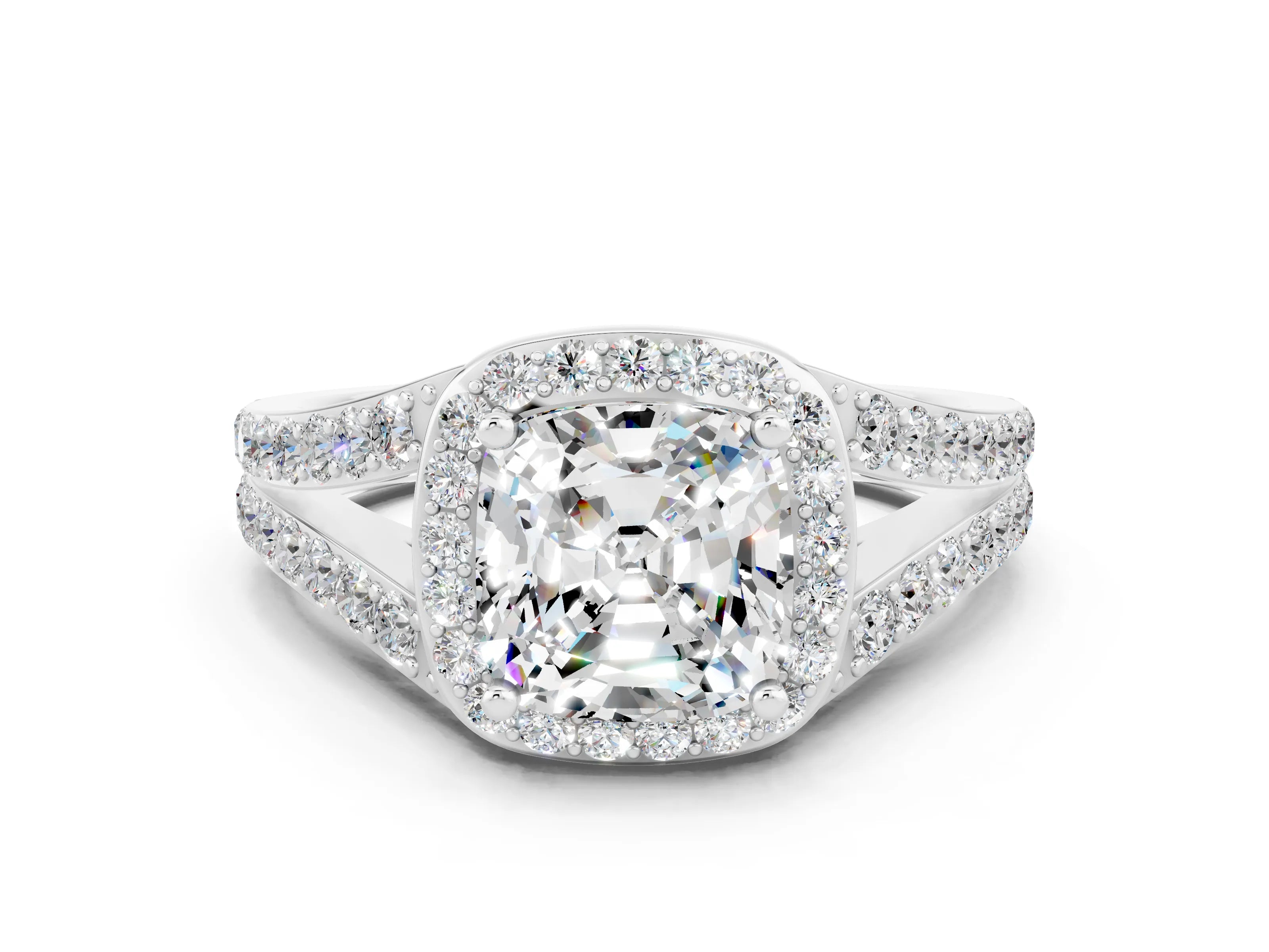 White gold Cushion Cut Moissanite Split Shank Halo Ring with Four-Prong Setting_12