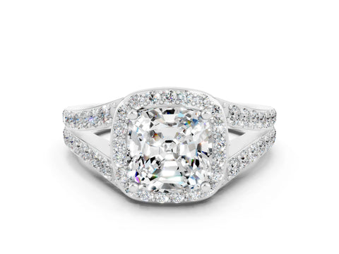 White gold Cushion Cut Moissanite Split Shank Halo Ring with Four-Prong Setting_12