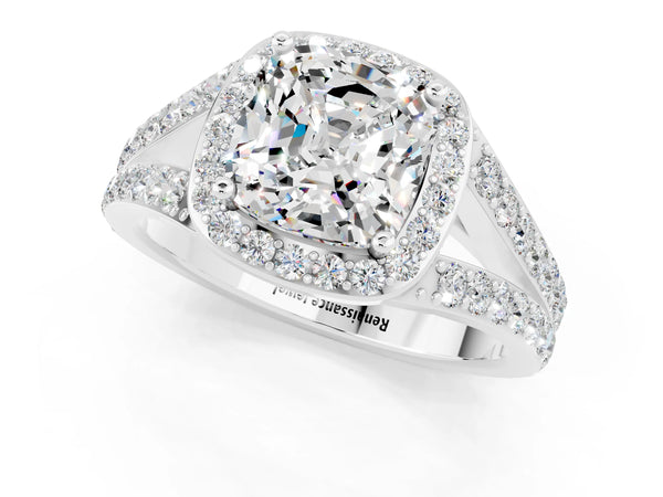 Silver Cushion Cut Moissanite Split Shank Halo Ring with Four-Prong Setting