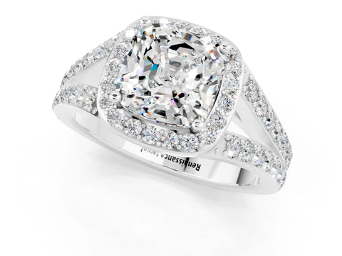 White gold Cushion Cut Moissanite Split Shank Halo Ring with Four-Prong Setting_13