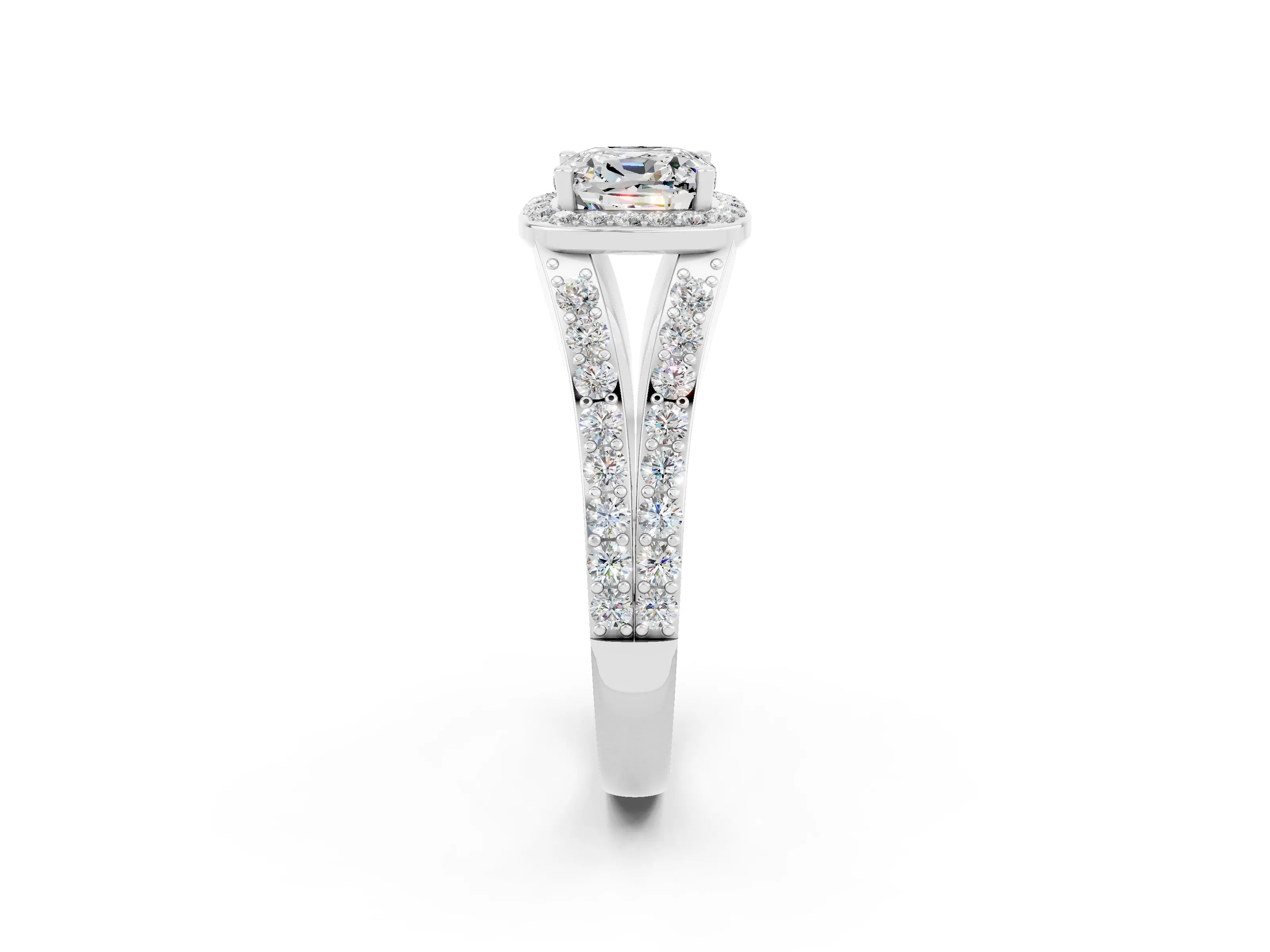 White gold Cushion Cut Moissanite Split Shank Halo Ring with Four-Prong Setting_14