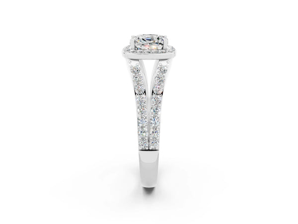 Silver Cushion Cut Moissanite Split Shank Halo Ring with Four-Prong Setting