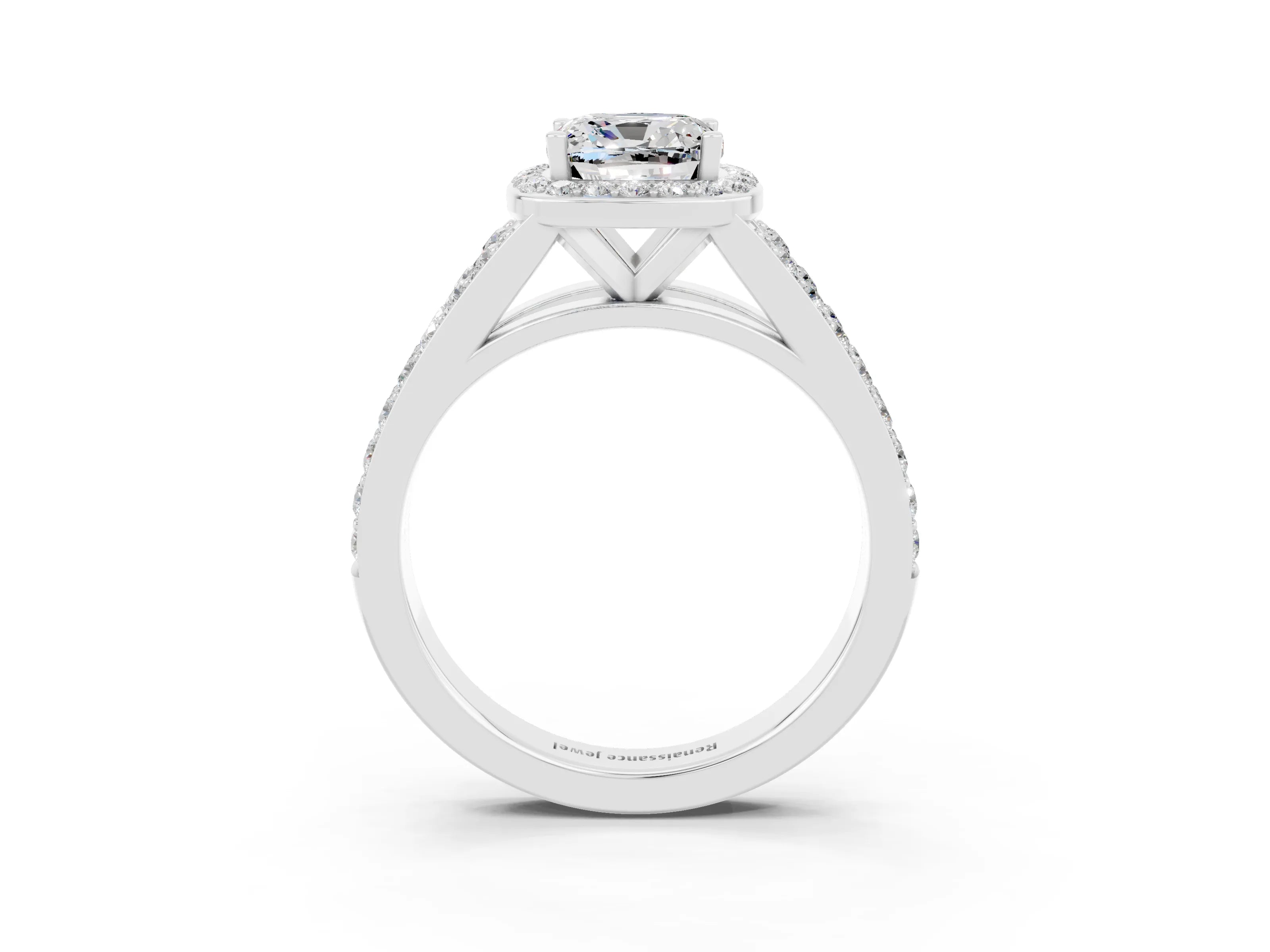 White gold Cushion Cut Moissanite Split Shank Halo Ring with Four-Prong Setting_15