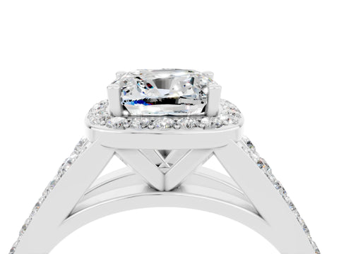 White gold Cushion Cut Moissanite Split Shank Halo Ring with Four-Prong Setting_16