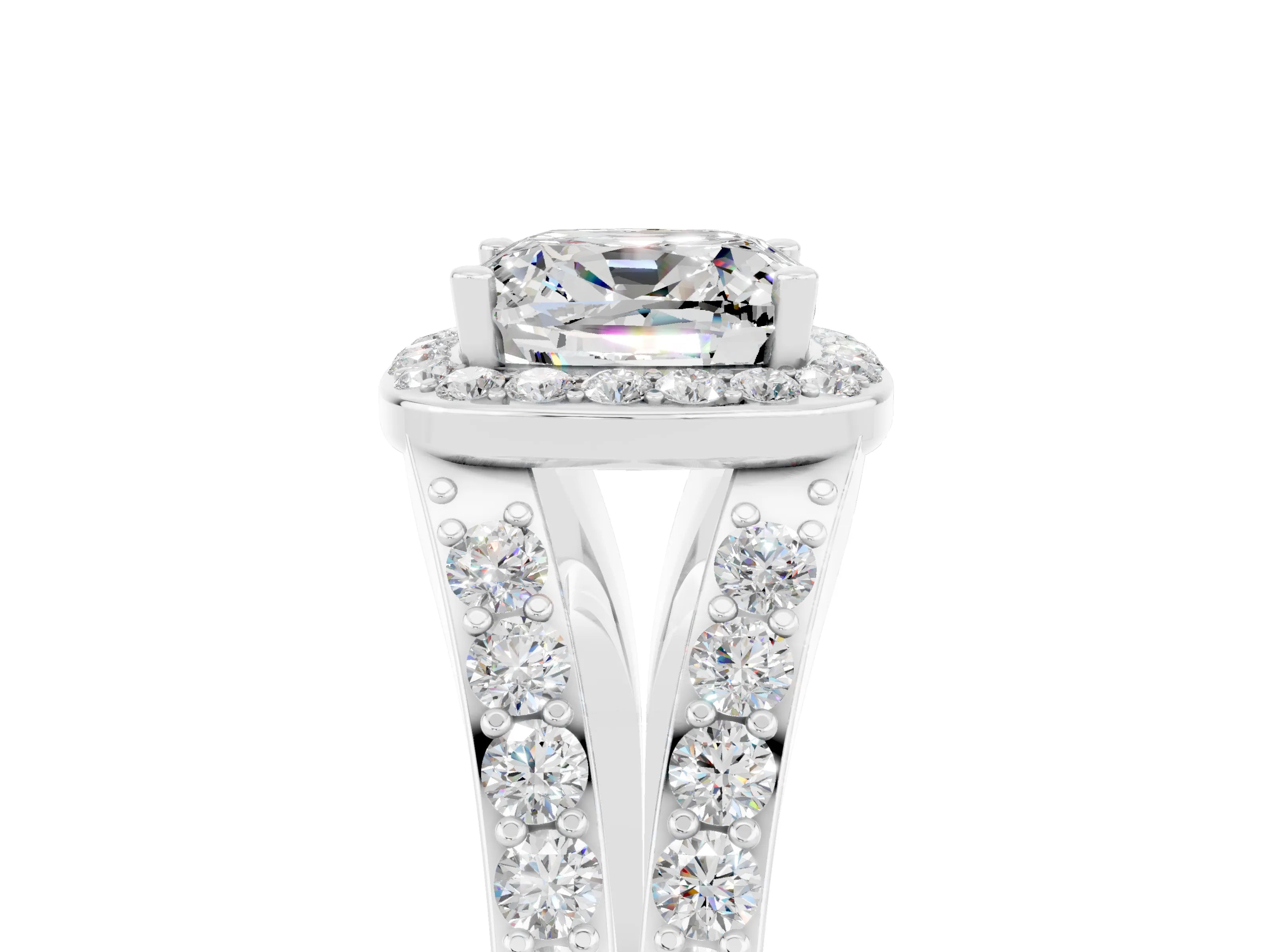 White gold Cushion Cut Moissanite Split Shank Halo Ring with Four-Prong Setting_17