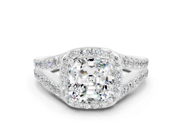 White gold Cushion Cut Moissanite Split Shank Halo Ring with Four-Prong Setting
