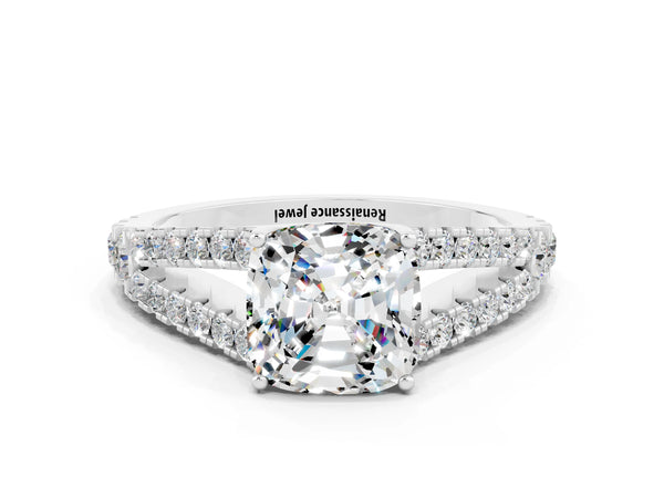 White gold Cushion Cut Moissanite Split Shank Pavé Engagement Ring with Four-Prong Setting