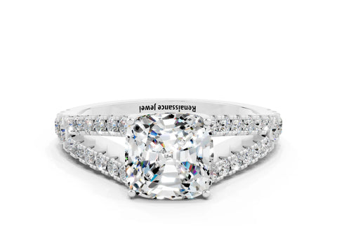 White gold Cushion Cut Moissanite Split Shank Pavé Engagement Ring with Four-Prong Setting_12