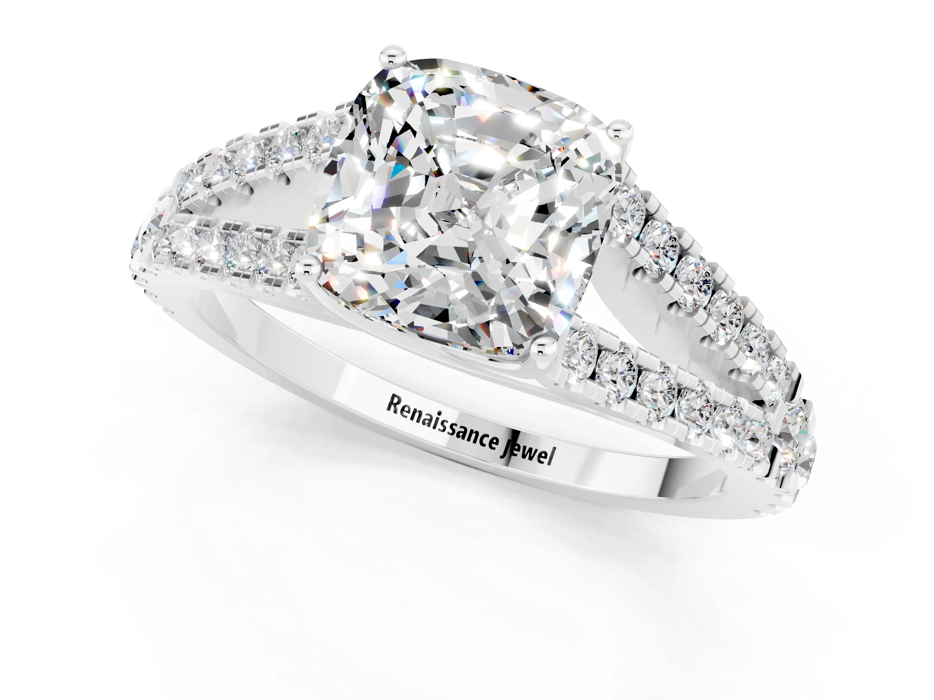 White gold Cushion Cut Moissanite Split Shank Pavé Engagement Ring with Four-Prong Setting_13