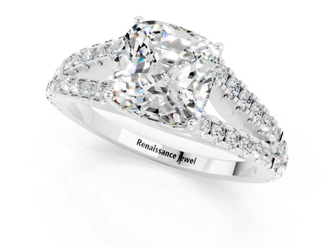 White gold Cushion Cut Moissanite Split Shank Pavé Engagement Ring with Four-Prong Setting_13