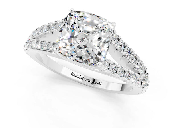 Silver Cushion Cut Moissanite Split Shank Pavé Engagement Ring with Four-Prong Setting