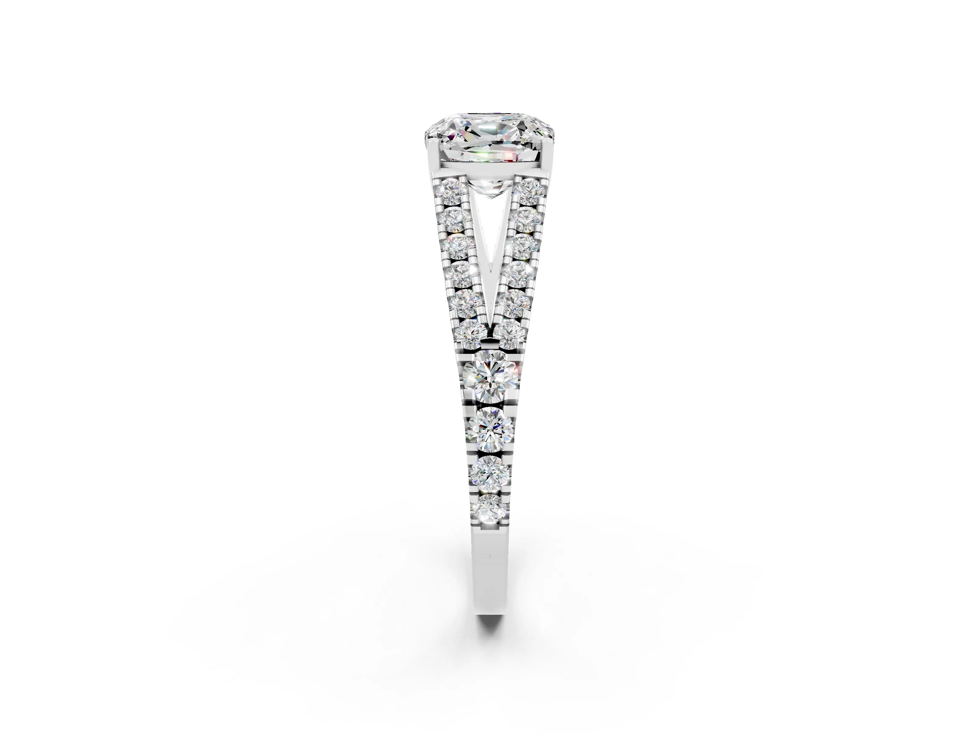 White gold Cushion Cut Moissanite Split Shank Pavé Engagement Ring with Four-Prong Setting_14