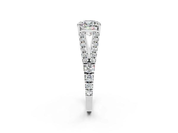 Platinum Cushion Cut Moissanite Split Shank Pavé Engagement Ring with Four-Prong Setting