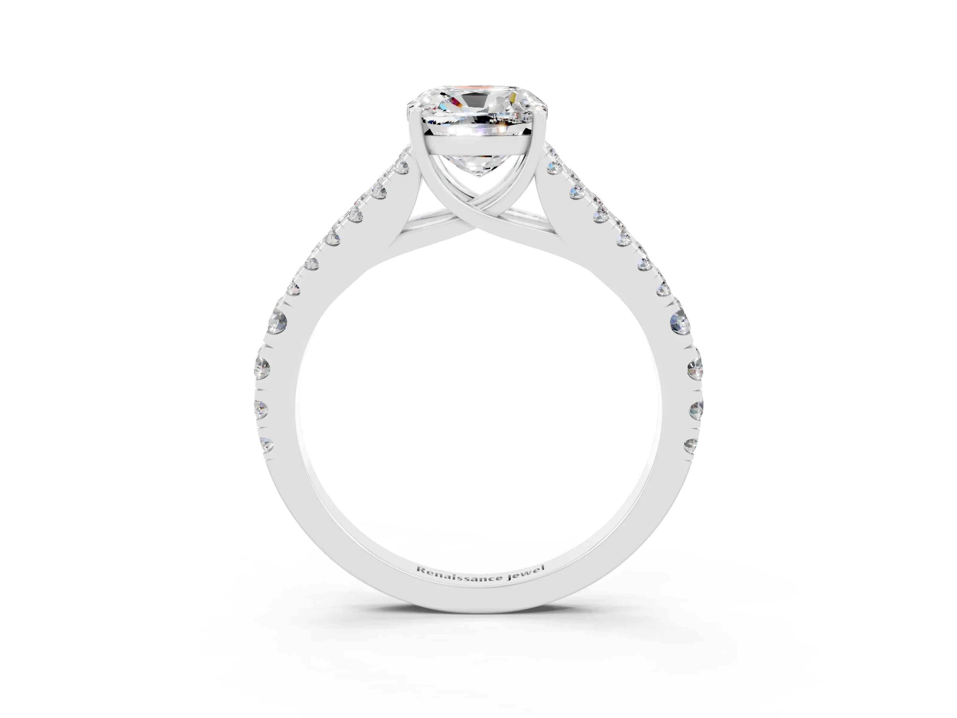 White gold Cushion Cut Moissanite Split Shank Pavé Engagement Ring with Four-Prong Setting_15