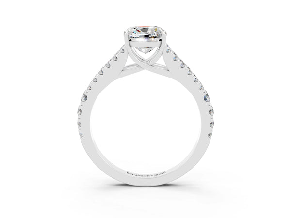 Silver Cushion Cut Moissanite Split Shank Pavé Engagement Ring with Four-Prong Setting