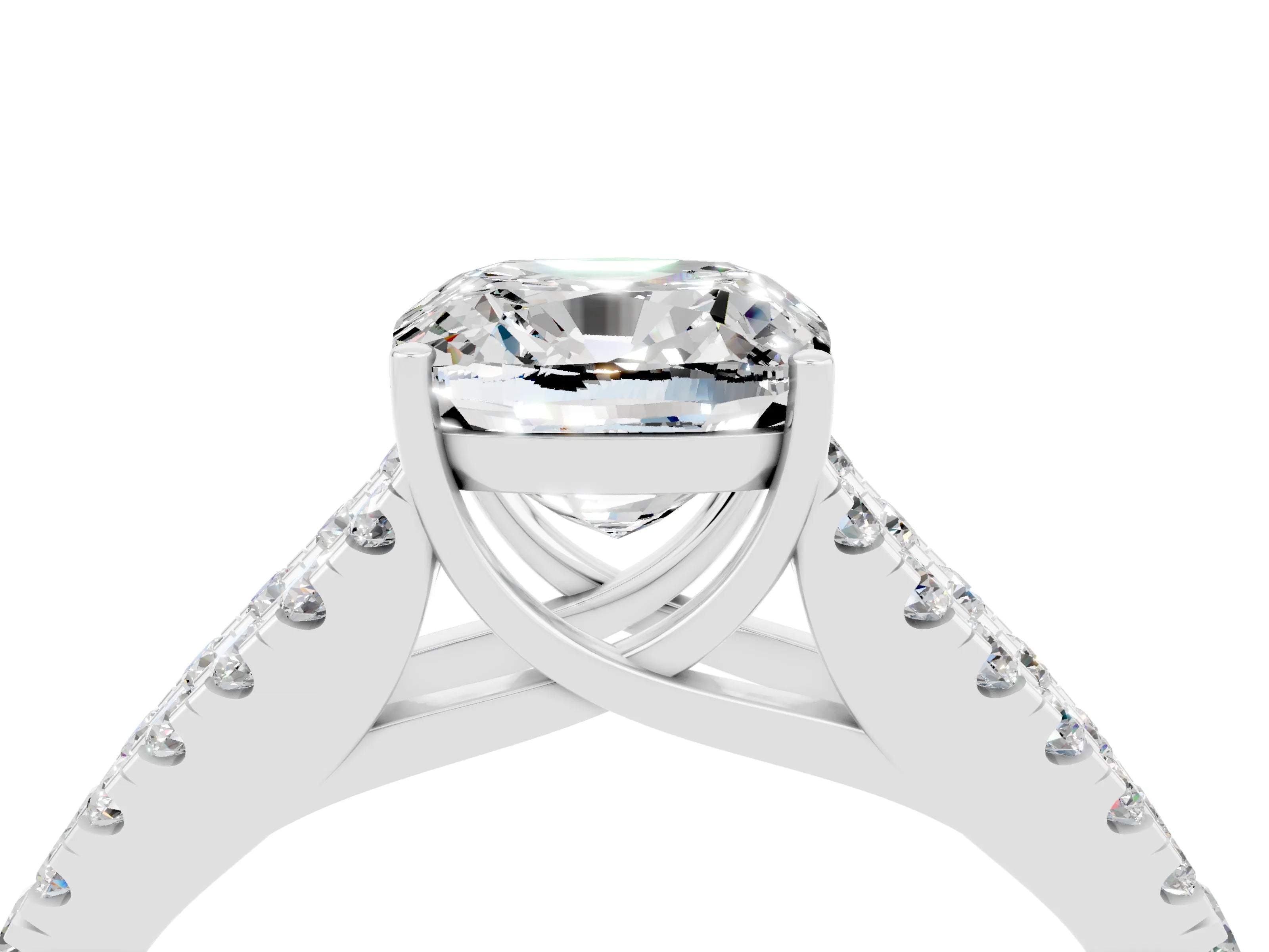 White gold Cushion Cut Moissanite Split Shank Pavé Engagement Ring with Four-Prong Setting_16