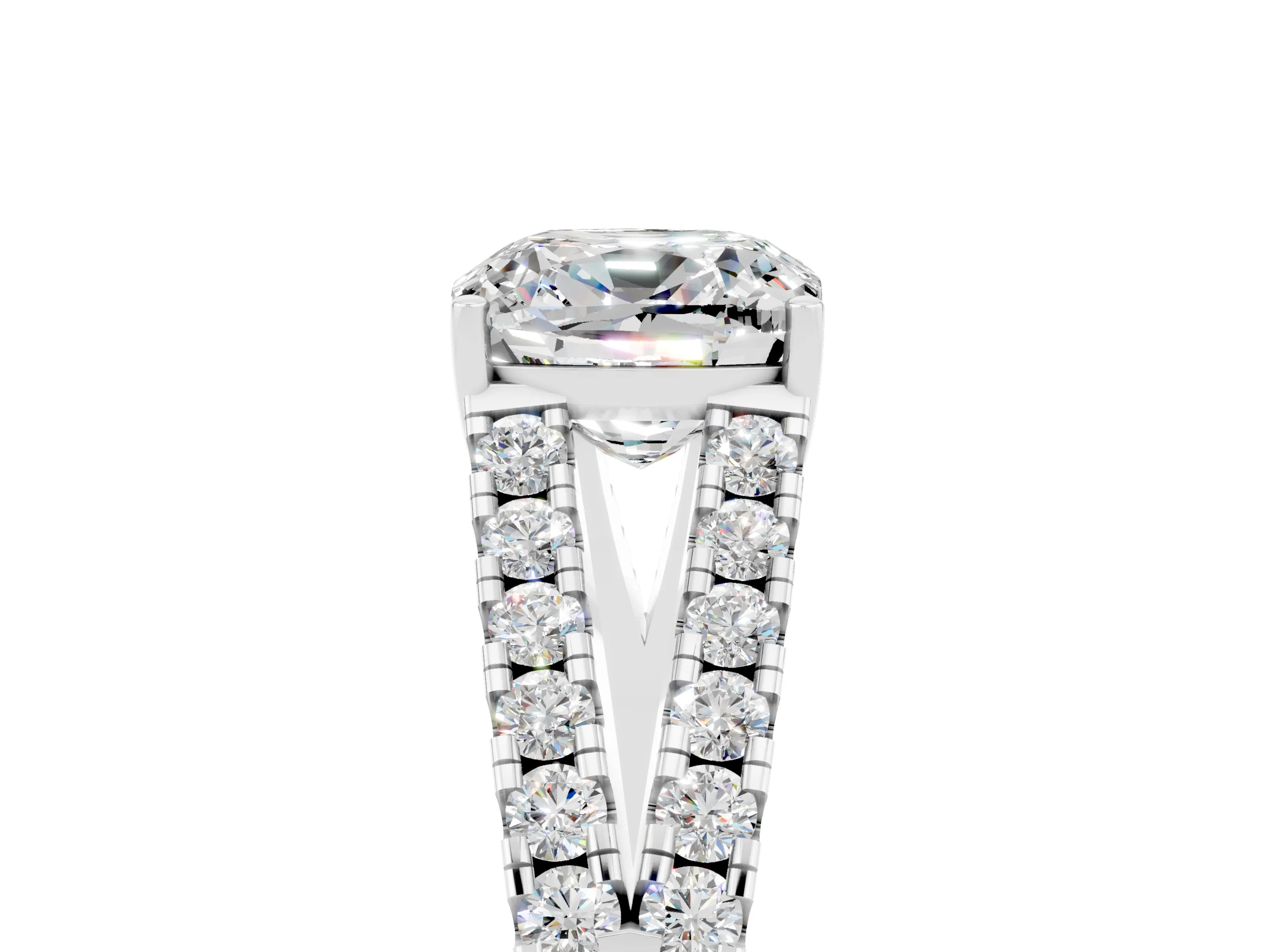 White gold Cushion Cut Moissanite Split Shank Pavé Engagement Ring with Four-Prong Setting_17