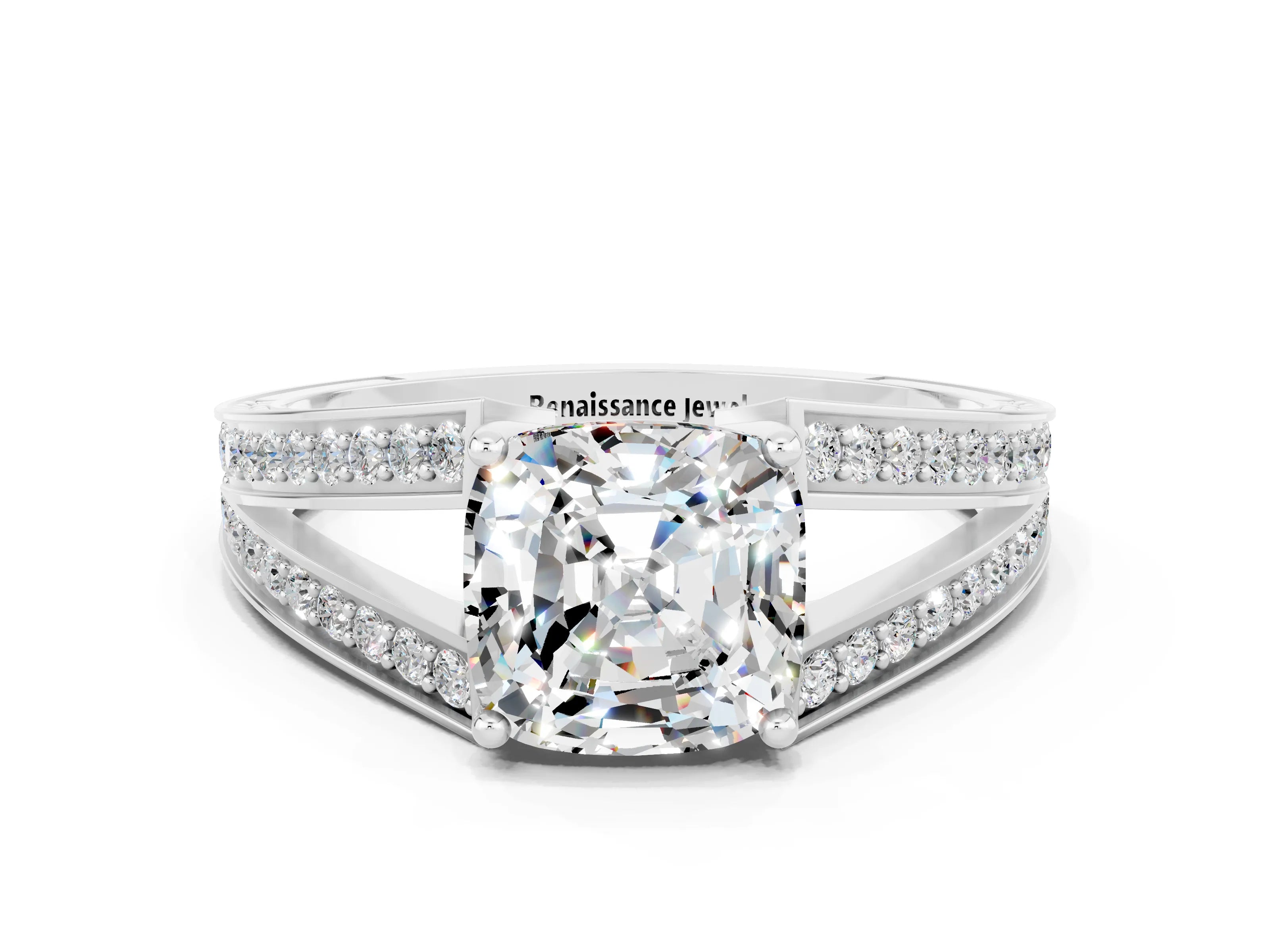 White gold Cushion Cut Moissanite Split Shank Ring with Pavé Band and Four-Prong Setting