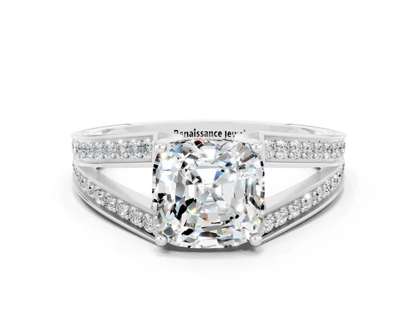 White gold Cushion Cut Moissanite Split Shank Ring with Pavé Band and Four-Prong Setting