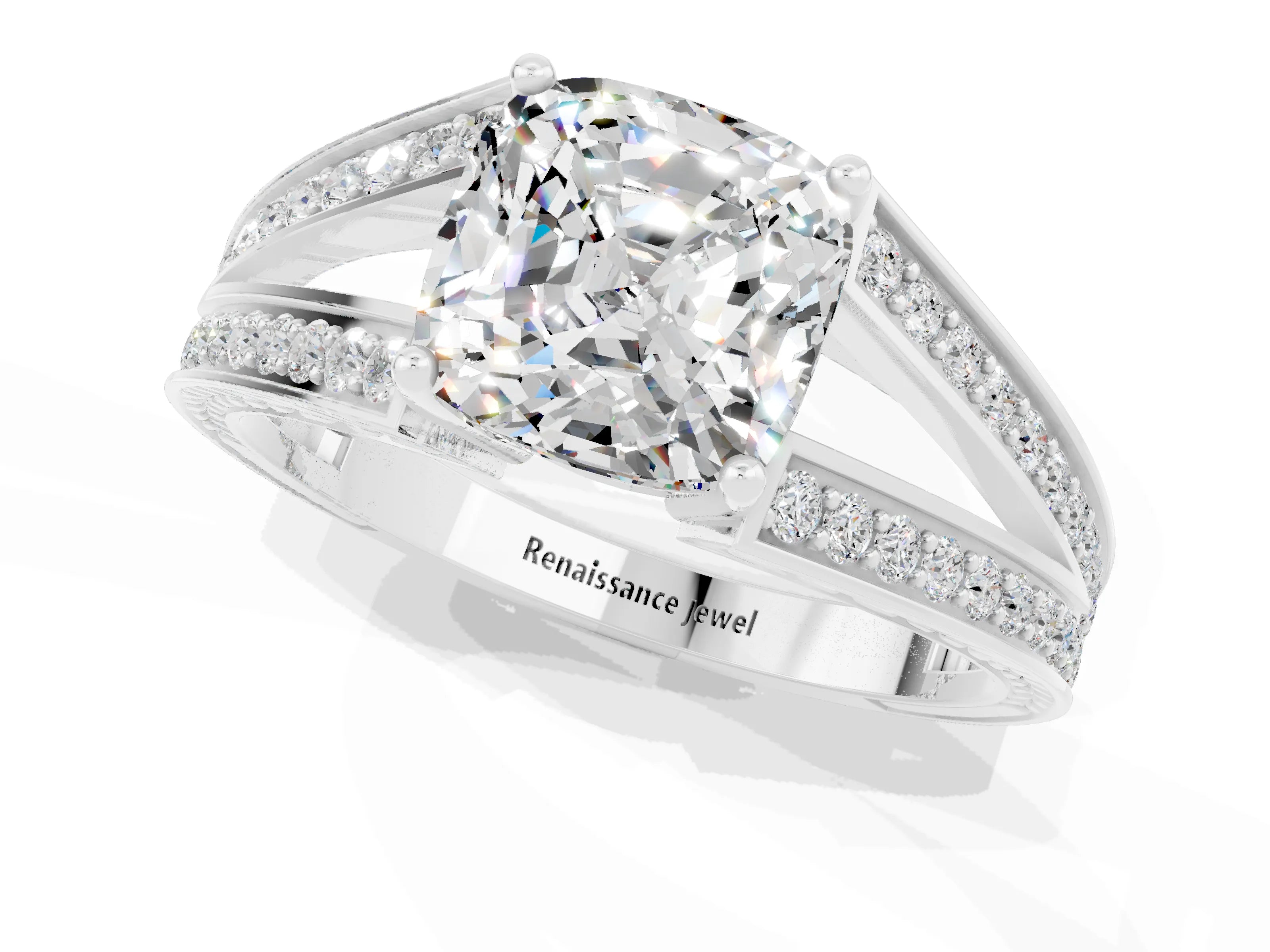 White gold Cushion Cut Moissanite Split Shank Ring with Pavé Band and Four-Prong Setting_1