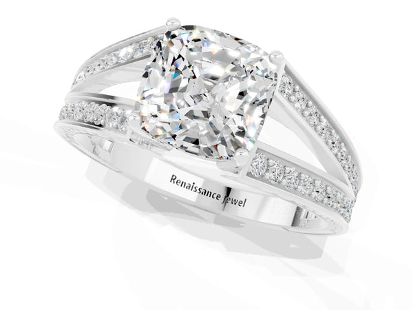 Platinum Cushion Cut Moissanite Split Shank Ring with Pavé Band and Four-Prong Setting