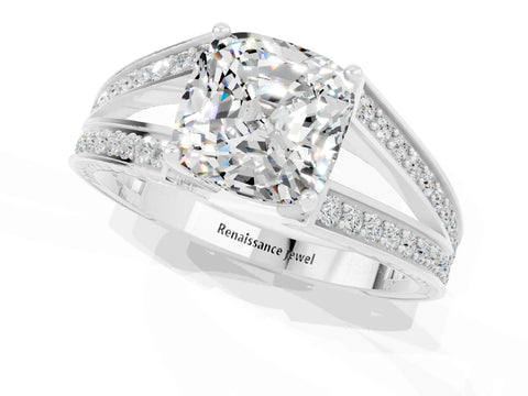 White gold Cushion Cut Moissanite Split Shank Ring with Pavé Band and Four-Prong Setting_1