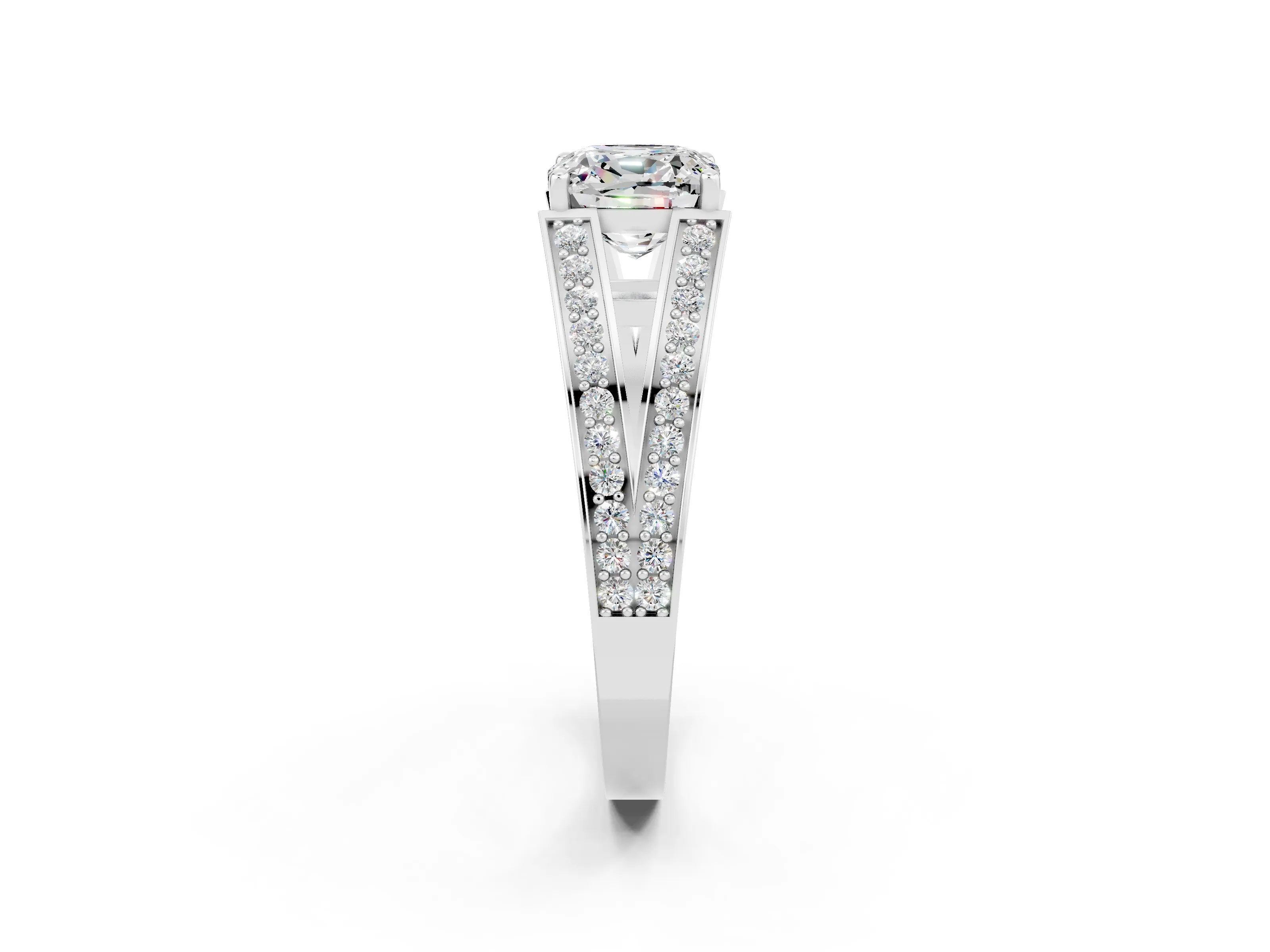 White gold Cushion Cut Moissanite Split Shank Ring with Pavé Band and Four-Prong Setting_2