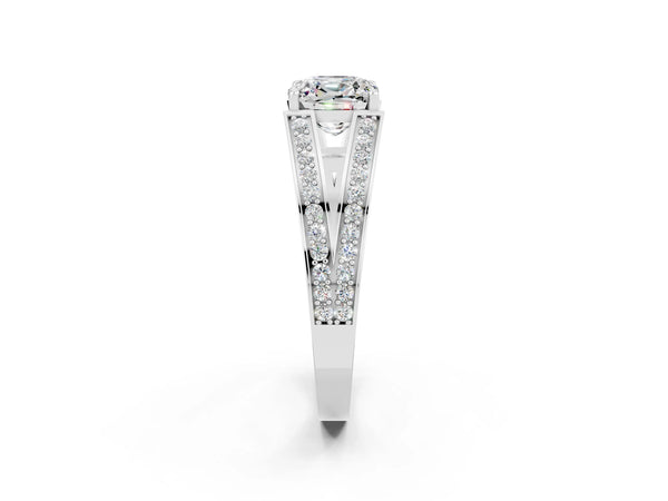 White gold Cushion Cut Moissanite Split Shank Ring with Pavé Band and Four-Prong Setting