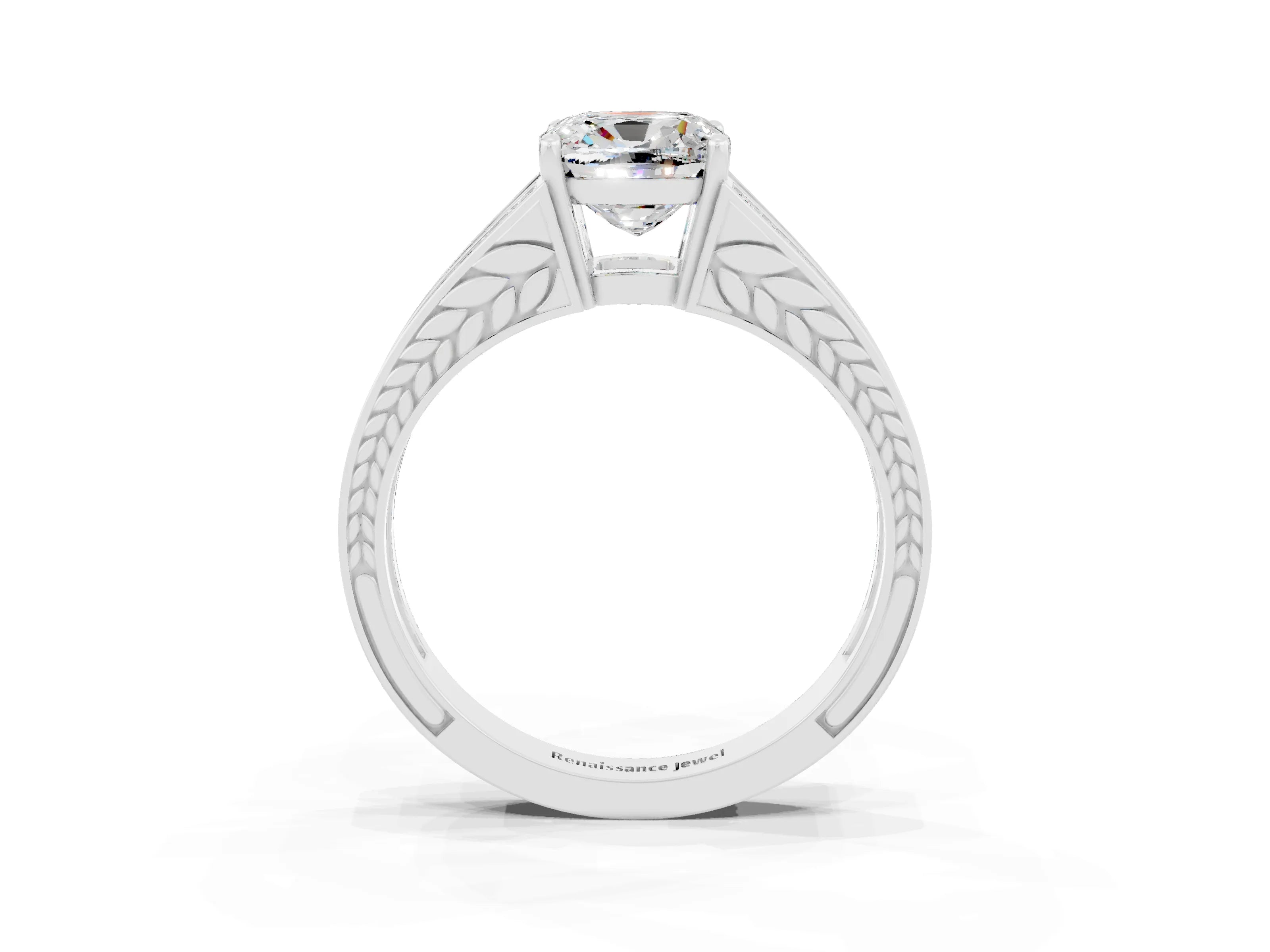 White gold Cushion Cut Moissanite Split Shank Ring with Pavé Band and Four-Prong Setting_3